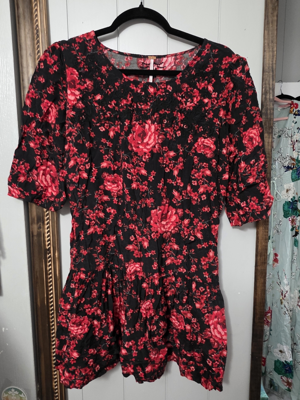 Free People Black & Red Floral Ruffle-Hem Tunic Mini Dress
